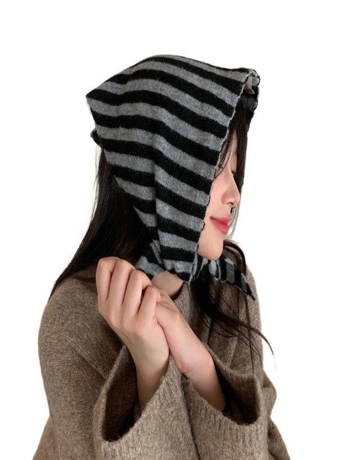 TYATVS Knitted Triangle Scarf for Women Y2k Stripe Head Scarf Aesthetic Accessories Cottagecore Streetwear Triangle Shawl (Grey) - Image 1